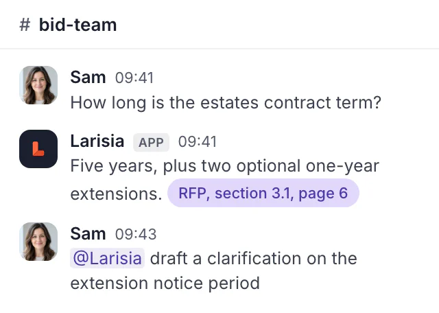 Larisia answering a bid-team question in Slack, with its citation.