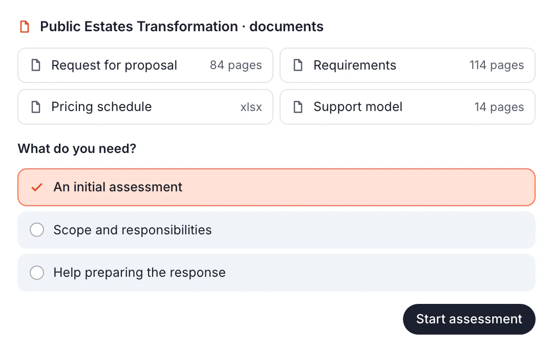 A tender document pack in Larisia, with an initial assessment chosen.
